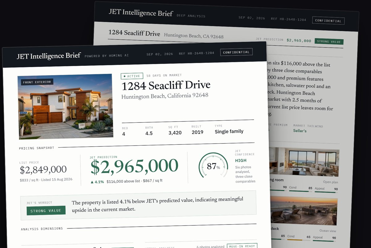 JET Intelligence Brief showing a property pricing snapshot and verdict